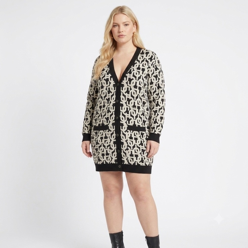 Gabrielle Union Black White Geometric Longline Cardigan Sweater Dress‎ XXL Women